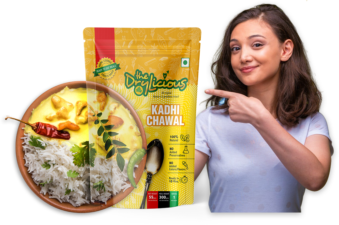 Girl pointing, product pack and bowl